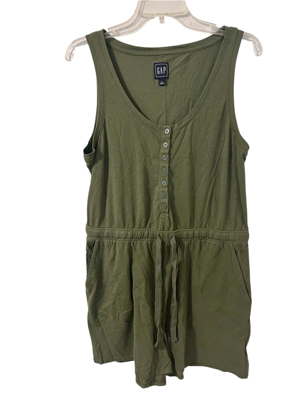 GAP Olive Drawstring Button-Front Sleeveless Romper